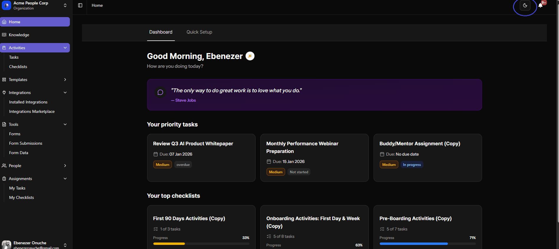 OnBuddy Dashboard in Dark Mode