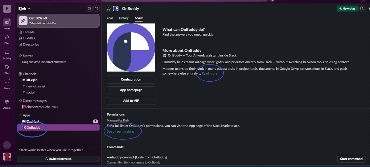 OnBuddy app in Slack showing the About tab with features and configuration link
